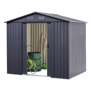 Floraworld Metall-Gerätehaus in Anthrazit, 3,66 m² mit Gartengeräten im Inneren.