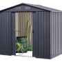 Floraworld Metall-Gerätehaus in Anthrazit, 3,66 m² mit Gartengeräten im Inneren.