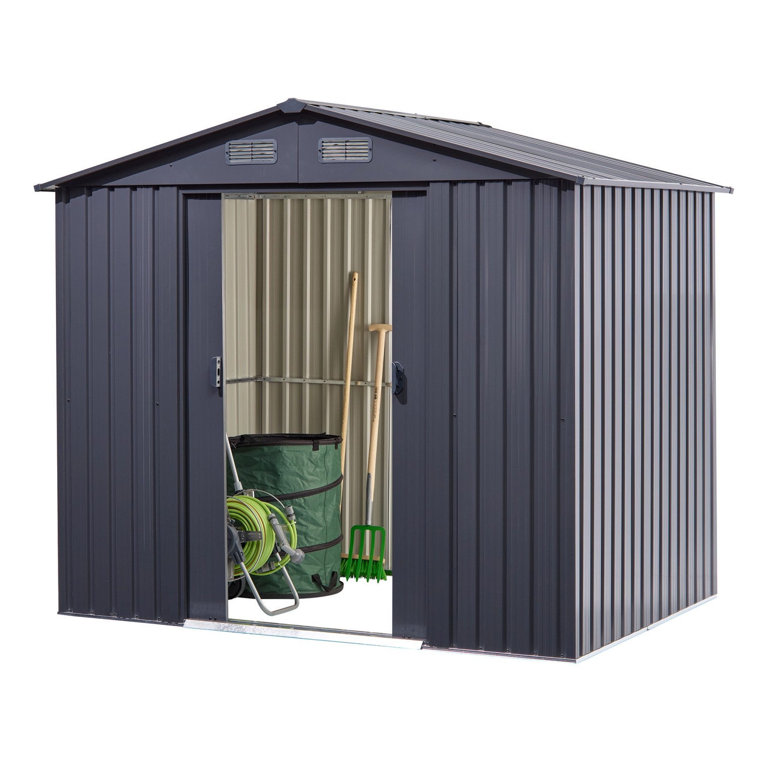 Floraworld Metall-Gerätehaus in Anthrazit, 3,66 m² mit Gartengeräten im Inneren.