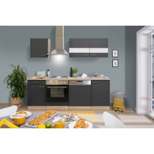 Moderne Respekta Küchenzeile KB220ESG in Grau-Eiche Sägerau Optik mit Elektrogeräten und Spüle.