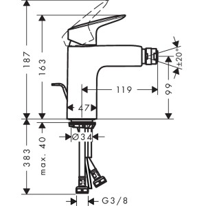 Technische Zeichnung Hansgrohe Logis Bidetarmatur 100, Maße und Details zur Installation.