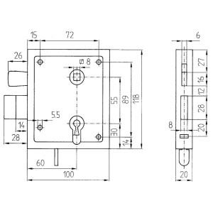Technische Zeichnung Universal-Kastenschloss Buntbart mit Maßen für Montage und Einbau.