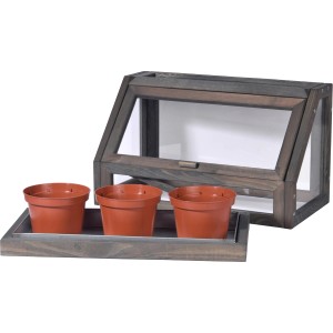 Dobar Mini-Gewächshaus aus Holz mit 3 Töpfen, grau, für Jungpflanzen.