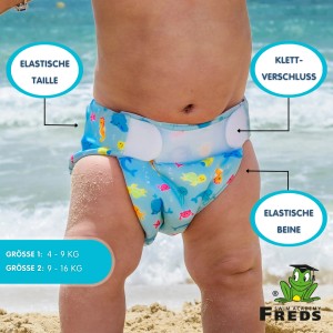 Freds Swim Academy Schwimmwindel blau, Größe 1 (4-9kg) mit Tiermuster und Klettverschluss.