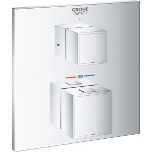 Grohe Grohtherm Cube Thermostat-Brausebatterie in Chrom mit kubischen Bedienelementen.