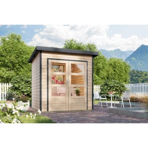 Karibu Gartenhaus Domingo 1 A, Natur-Anthrazit mit Doppeltür und Fenster im Garten.