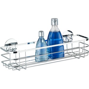 Wenko Turbo-Loc Maxiablage aus Edelstahl, glänzend, mit zwei blauen Flaschen im Duschregal.