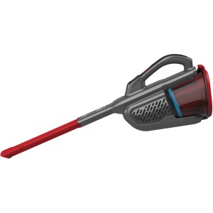 Black+Decker Akku-Handstaubsauger BHHV315B, grau/rot, mit Fugendüse und transparentem Staubbehälter.