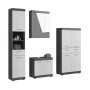 4-teilige Badkombination in Weiß und Rauchsilber: Hochschrank, Waschbeckenunterschrank, Spiegelschrank, Midischrank.