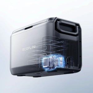 Ecoflow Glacier 55 Kompressor Kühlbox, grau, mit transparentem Blick auf das Kühlsystem. Robuste 55L Kühl-Gefrierbox.