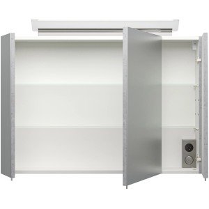 Posseik Spiegelschrank 90 cm in Beton-Optik mit offenen Türen und Innenleben.