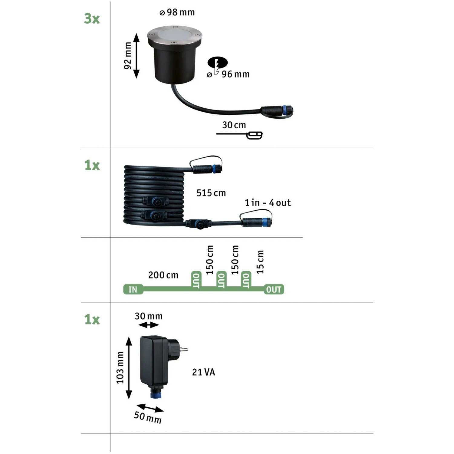 Paulmann LED Bodeneinbaustrahler Floor Plug & Shine Set (3 Stk) mit Trafo und Kabel, Maße