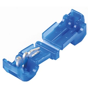 Blauer Skana Abzweigverbinder für Rasenmäher, Detailaufnahme.