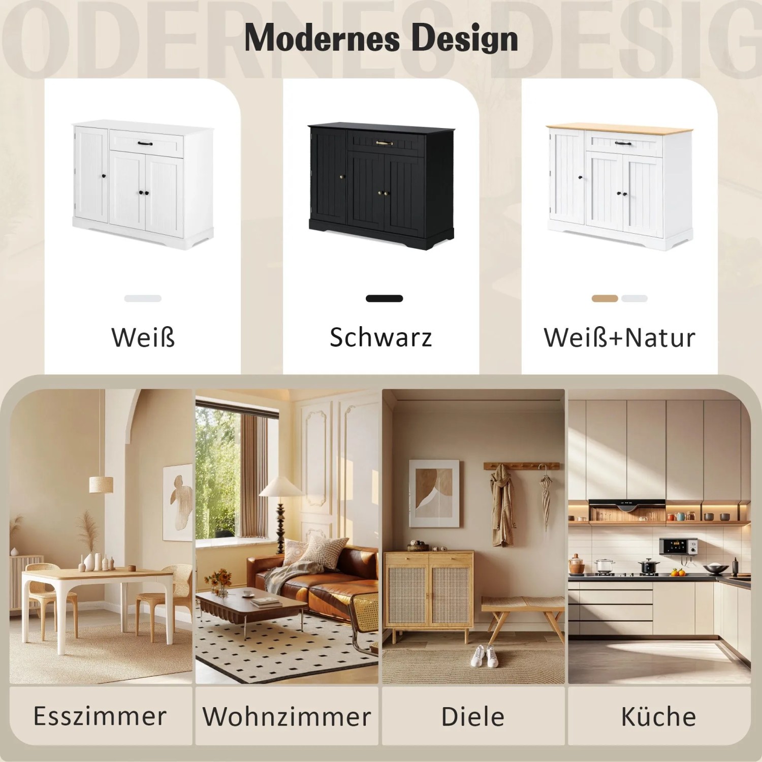 okwish Sideboard mit 3 Türen Schublade Wohnzimmer Diele 107x83x40cm Weiß_8