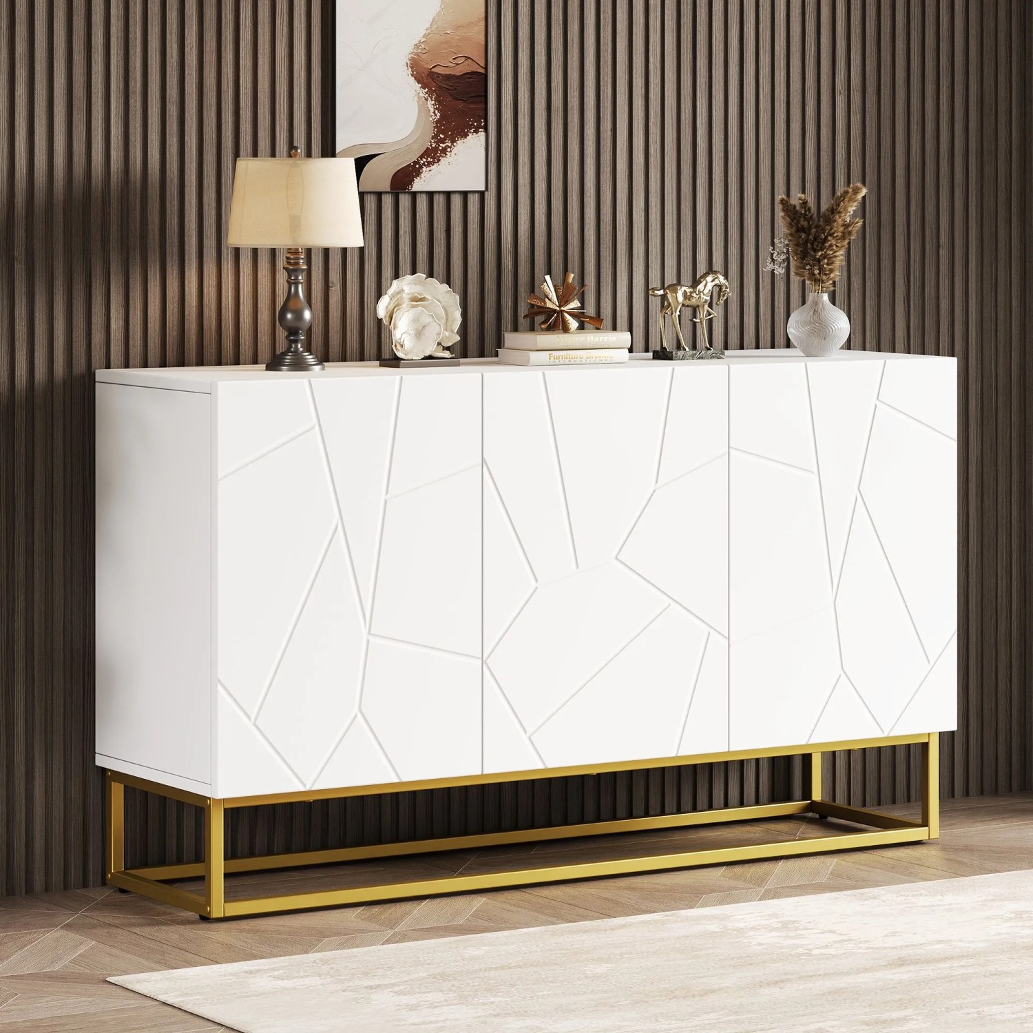 okwish Sideboard mit 4 Fächern Stauraum Esszimmer 130x38x76cm Weiß_2