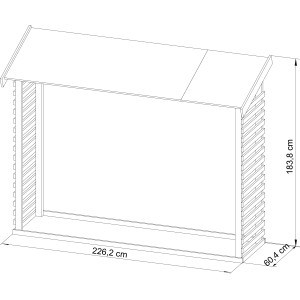 Skizze eines naturbelassenen Karibu Kaminholzunterstands (183,8x226,2x60,4cm) zur Kaminholzlagerung.