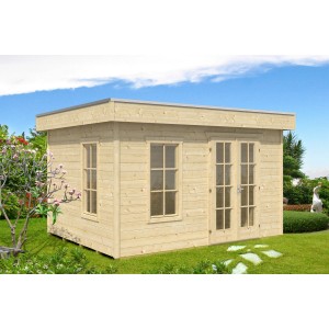 Skan Holz Gartenhaus Breda mit Flachdach, naturbelassen, 380x380 cm. Holz-Gartenhaus mit Doppeltür und Fenster.