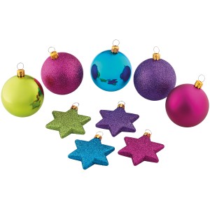 Baumschmuck-Set, 50-teilig, Farbmix: Kugeln und Sterne in Pink, Blau, Grün und Lila.
