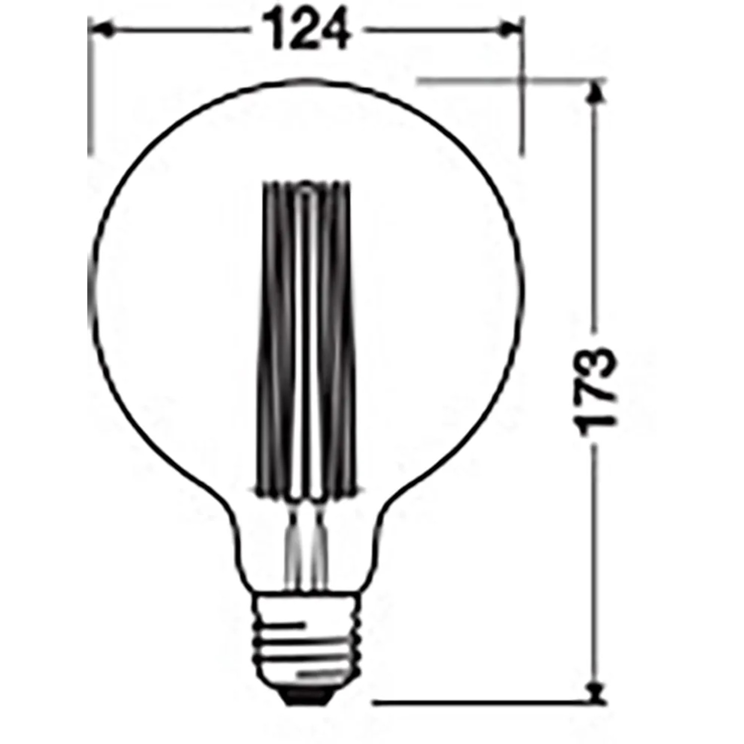 Technische Zeichnung Osram LED E27 Globe, 11W, Maße: 17,3 x 12,4 cm (H x Ø).