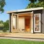 Karibu Saunahaus Magnus 3 Set A in Terragrau mit Ofen und Außensteuerung. Sauna für den Garten.