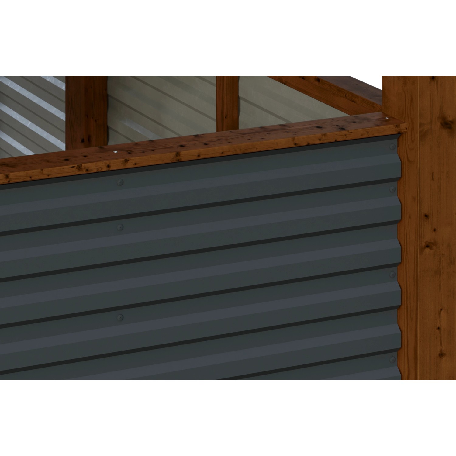 Detailansicht Skan Holz Carport Friesland Hybrid Nussbaum: Wand aus anthrazitfarbenem Aluminium-Trapezprofil.