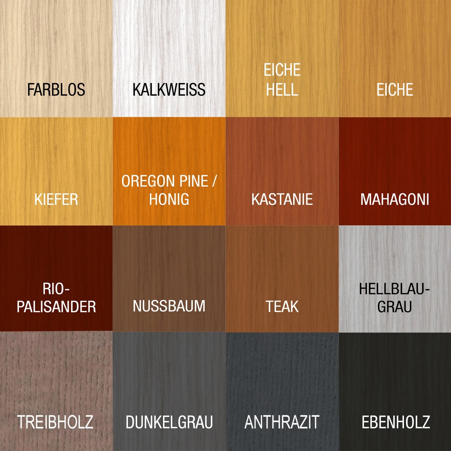 Farbmuster der Bondex Holzlasur für Außen: Farblos, Eiche, Kiefer, Mahagoni u.a.