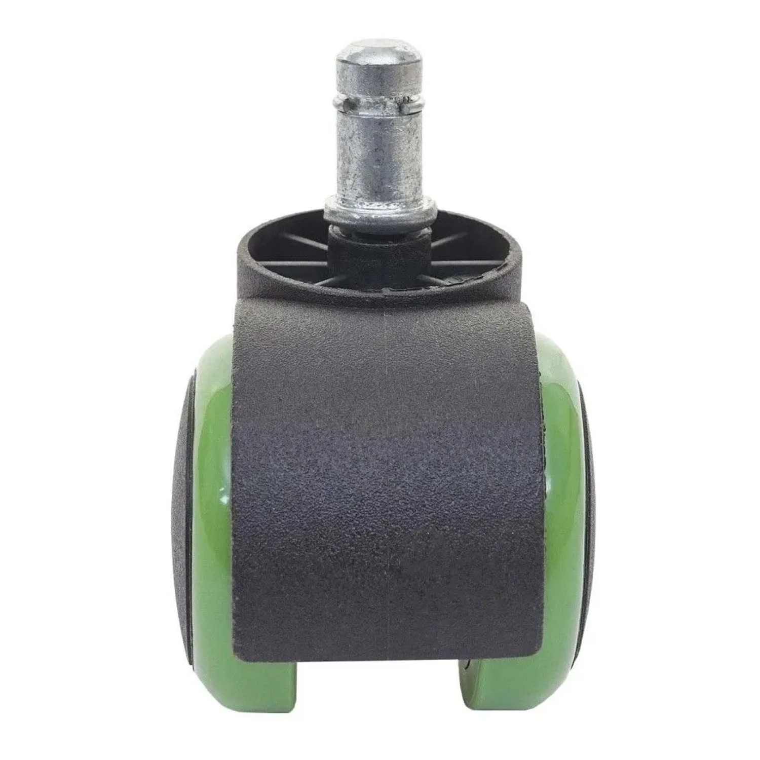Grüne Hartbodenrolle für Bürostühle, 5er Set, mit schwarzem Gehäuse und Metallstift.