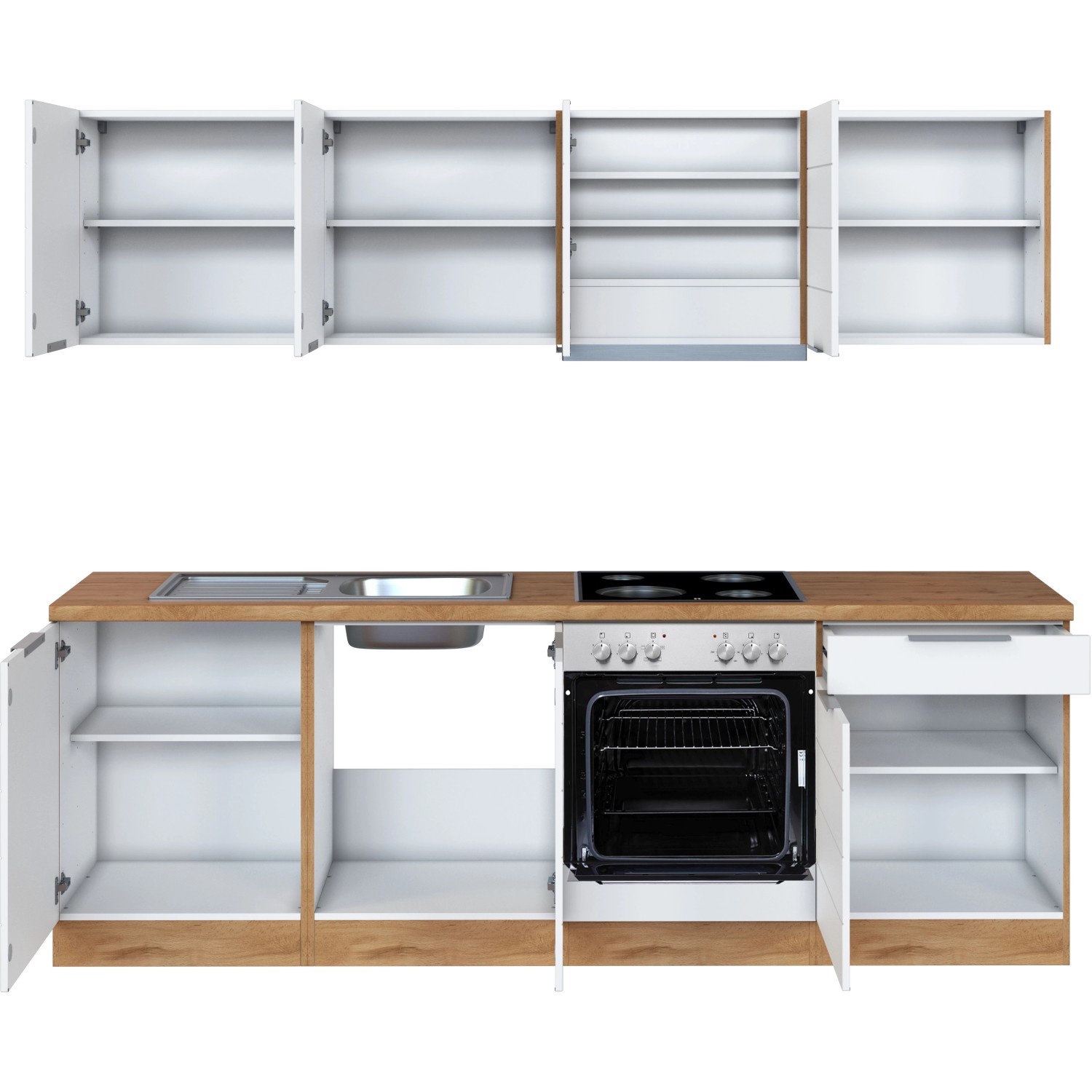 Held Möbel Küchenzeile 240 cm in Weiß-Wotaneiche mit E-Geräten.