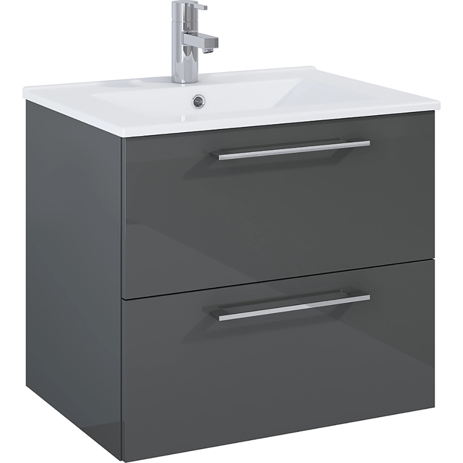 Maximus Waschbeckenunterschrank Stylo, Anthrazit, 60 cm mit zwei Schubladen und Aufsatzwaschbecken.