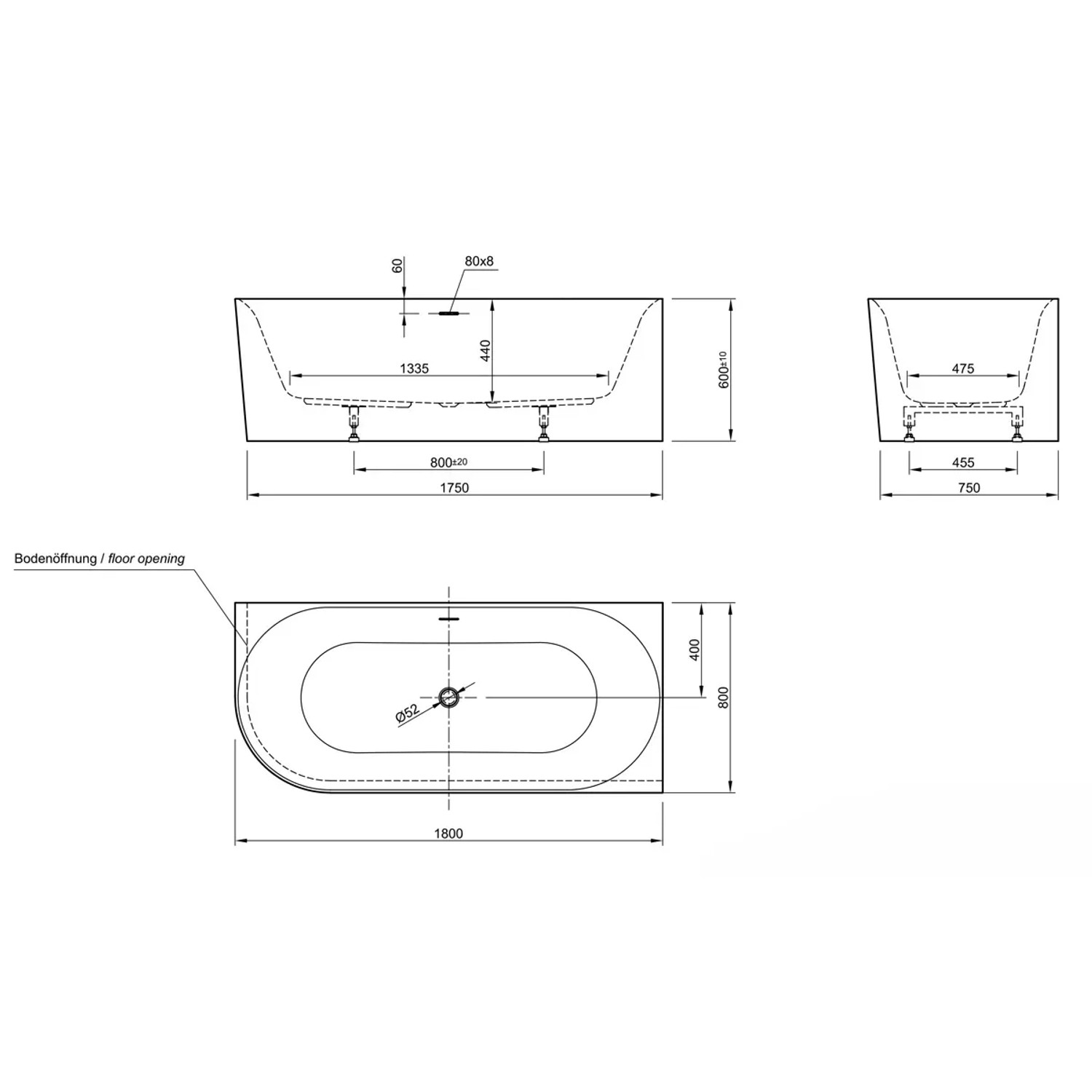 Technische Zeichnung der weißen Ottofond Mince Corner Eckbadewanne, 180x80 cm, mit Maßangaben.