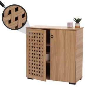 Braune MCW Kommode N87 mit zwei Türen, eine davon im 3D-Flecht-Design, und drei Ablagefächern.