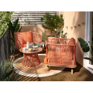 Balkontisch Bandon, Ø 70 cm, Terrakotta, mit Seilbespannung, passend zu Balkonmöbeln.