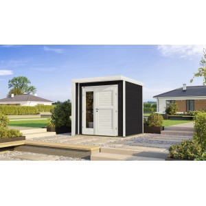 Modernes, anthrazitfarbenes Weka Holz-Gartenhaus Designhaus 262 mit Flachdach und weißer Doppeltür im Garten.