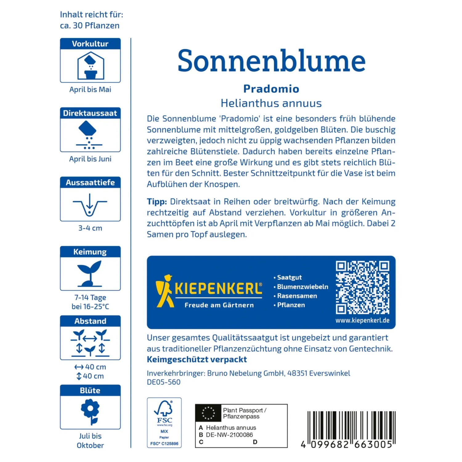 Kiepenkerl Sonnenblume Pradomio Gelb, Helianthus annuus, Samenpackung.