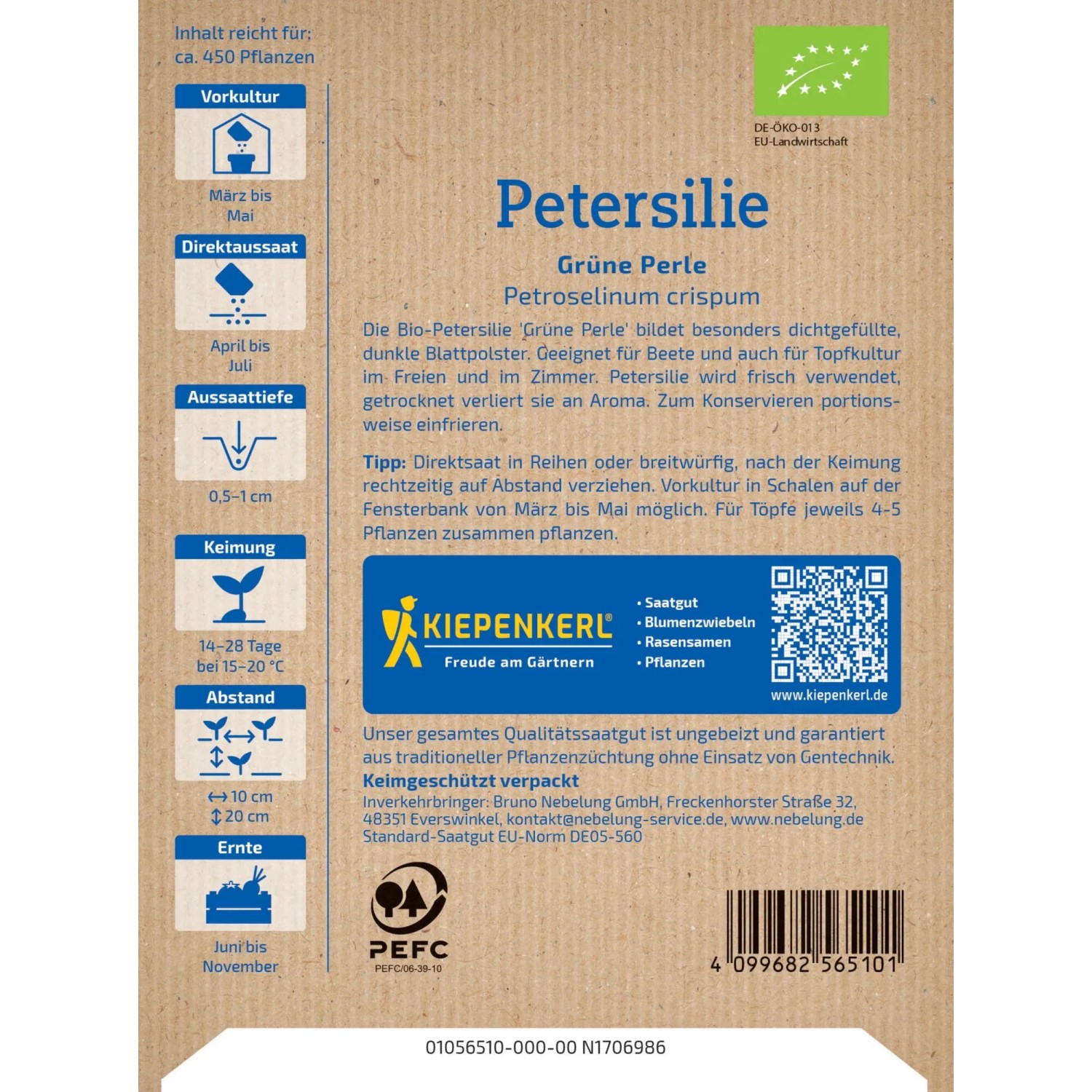 Kiepenkerl BIO Petersilie Grüne Perle Saatgut Packung mit Infos zu Anbau und Ernte.