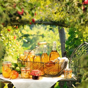 Gefüllte Leifheit Einmachgläser (135 ml) und Flaschen in einem Korb, im Garten.