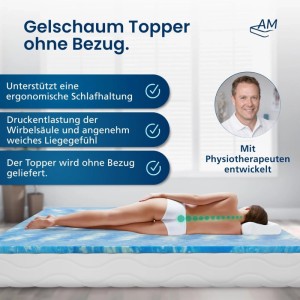 AM Gelschaum Topper 120x200 cm ohne Bezug, Liegeprobe auf Matratze. Hoher Schlafkomfort.