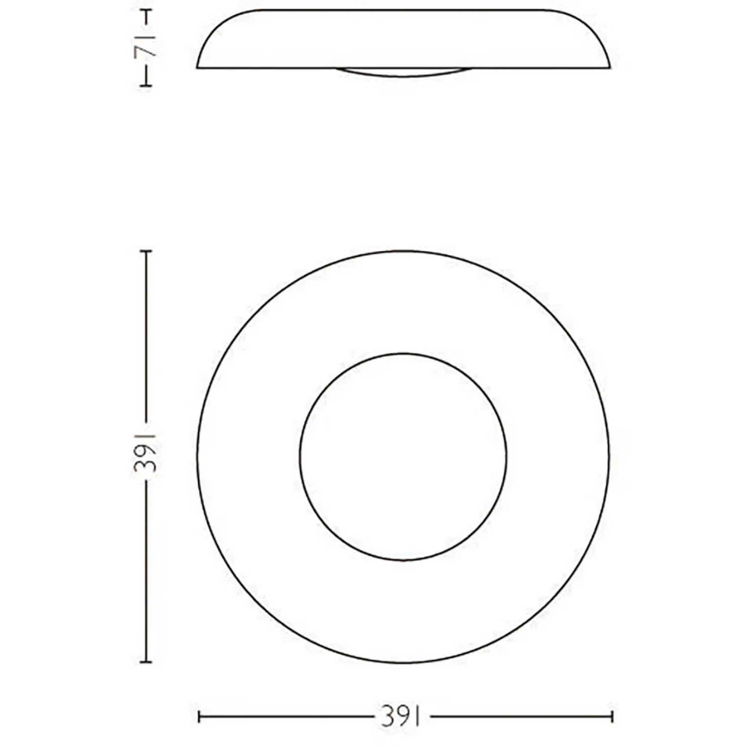 Skizze der Philips Hue Deckenleuchte Still, schwarz, mit Maßen.