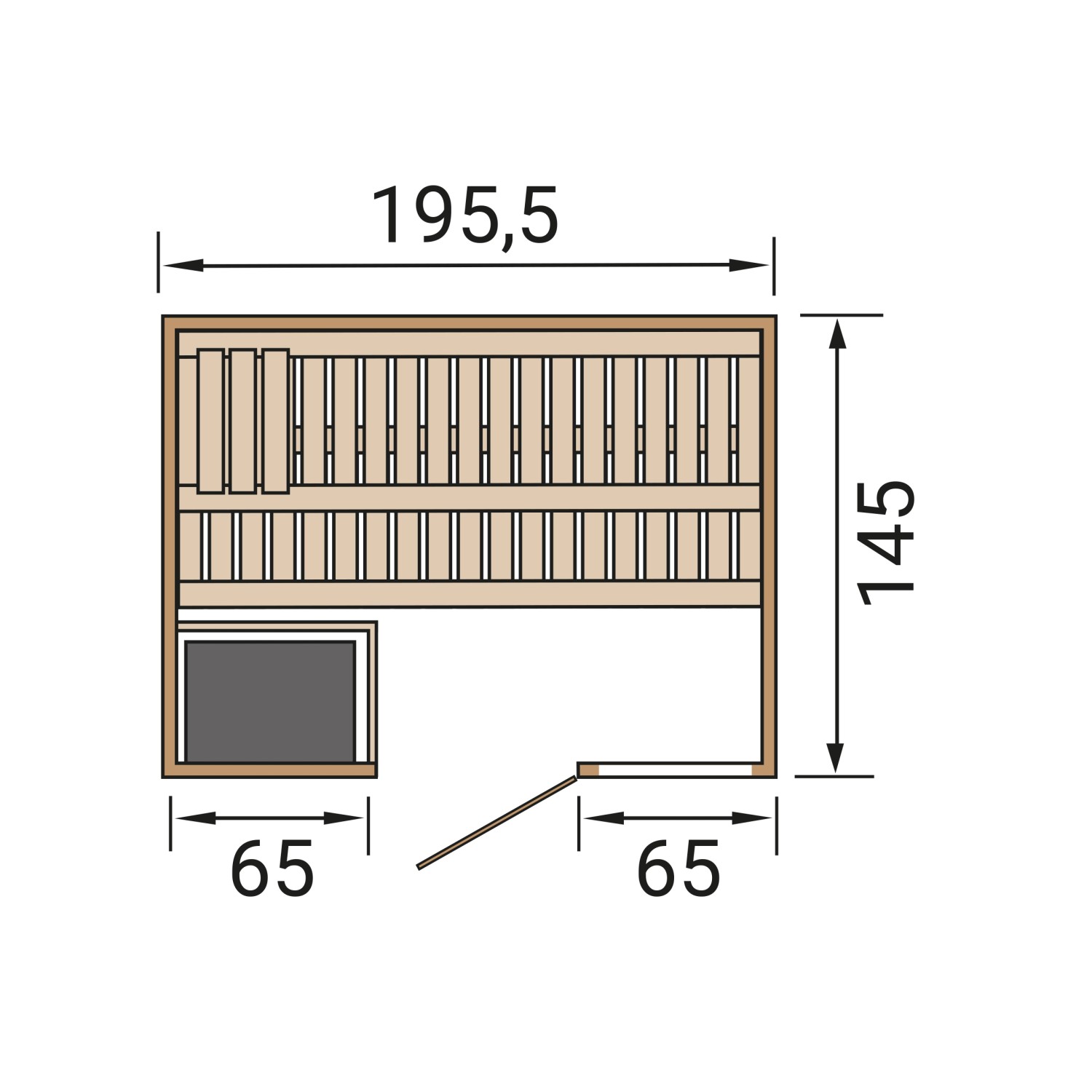 Grundriss der Weka Massivholzsauna Bergen 1 mit Maßen und Türposition.