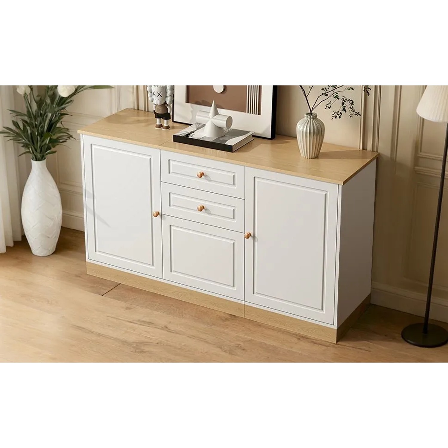 okwish Sideboard mit 3 Türen Doppelschubladen Wohnzimmer 135.5x76x39cm Weiß_4