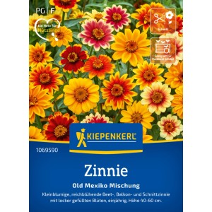 Kiepenkerl Zinnie Old Mexiko Mischung: Farbenfrohe Zinnien-Blüten in Gelb, Orange und Rot.