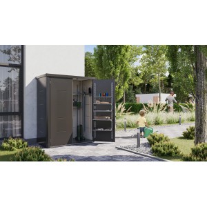 Anthrazitfarbener Gartenschrank Giarmadio (154x88 cm) mit geöffneten Türen und Gartengeräten.