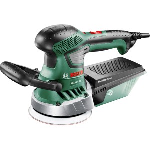 Bosch Exzenterschleifer PEX 400 AE: Grüne Schleifmaschine mit Staubabsaugung und Koffer.