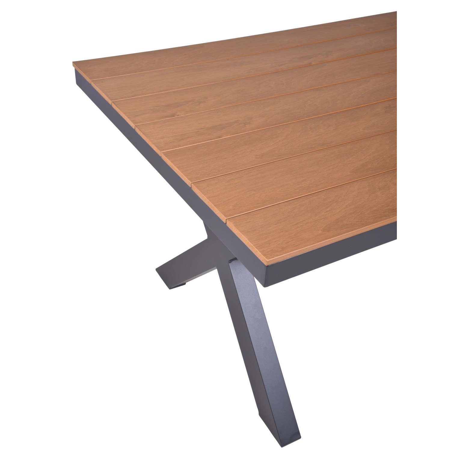 Rechteckiger Gartentisch Silea in Braun-Schwarz mit Aluminiumgestell und Holzplatten-Optik. 