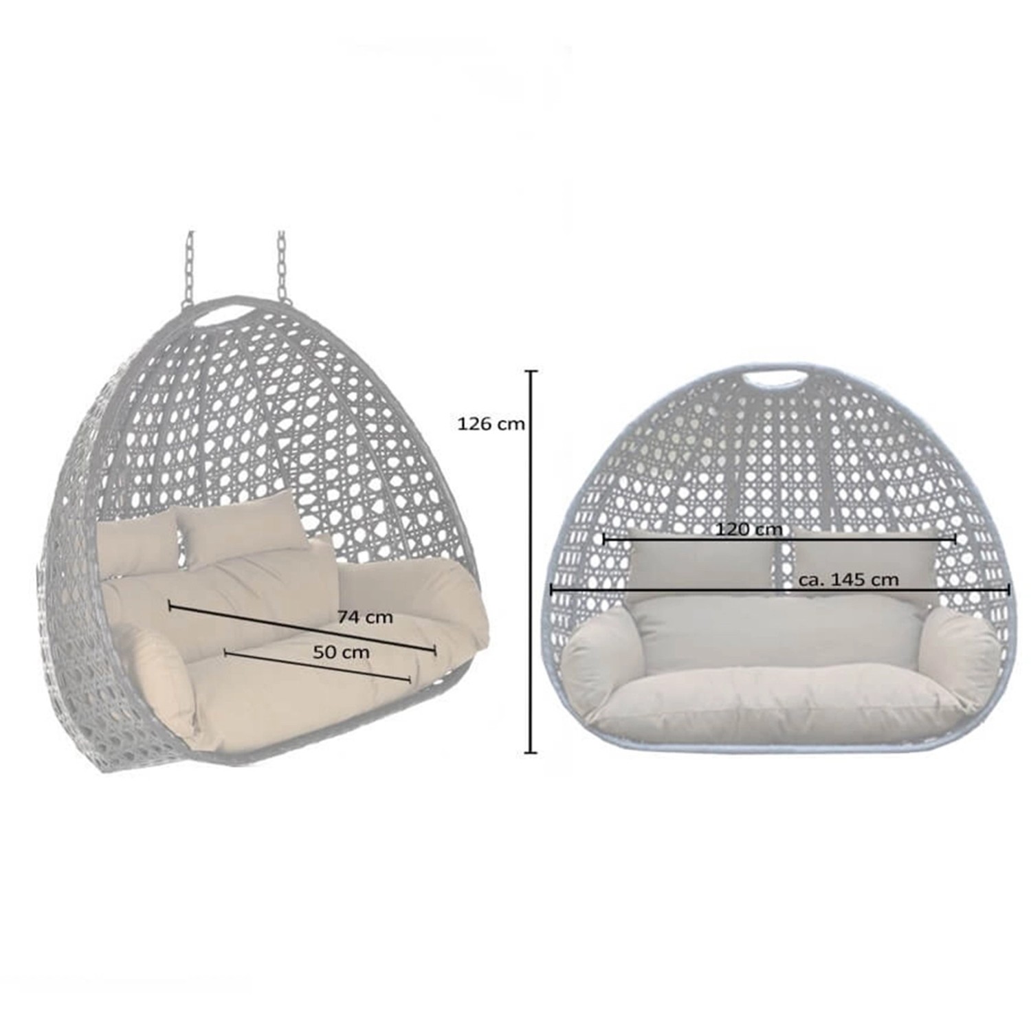 Home Deluxe Hängesessel Twin, Korb ohne Gestell, inkl. Sitzkissen, Farbe Grau, Maße dargestellt.