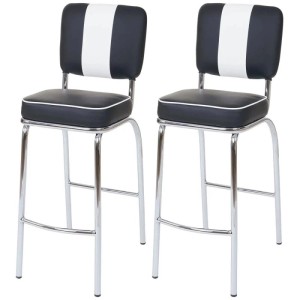 2er-Set Barhocker Akita im Retro-Design, schwarz-weiß mit Metallgestell und Fußstütze.