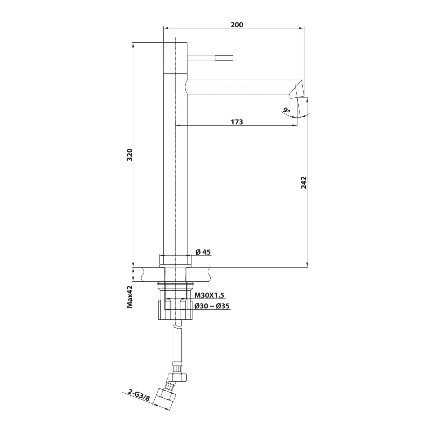Technische Zeichnung: Schöner Wohnen Waschtischarmatur Kadia, Auslaufhöhe 24,2cm, Mattgold.