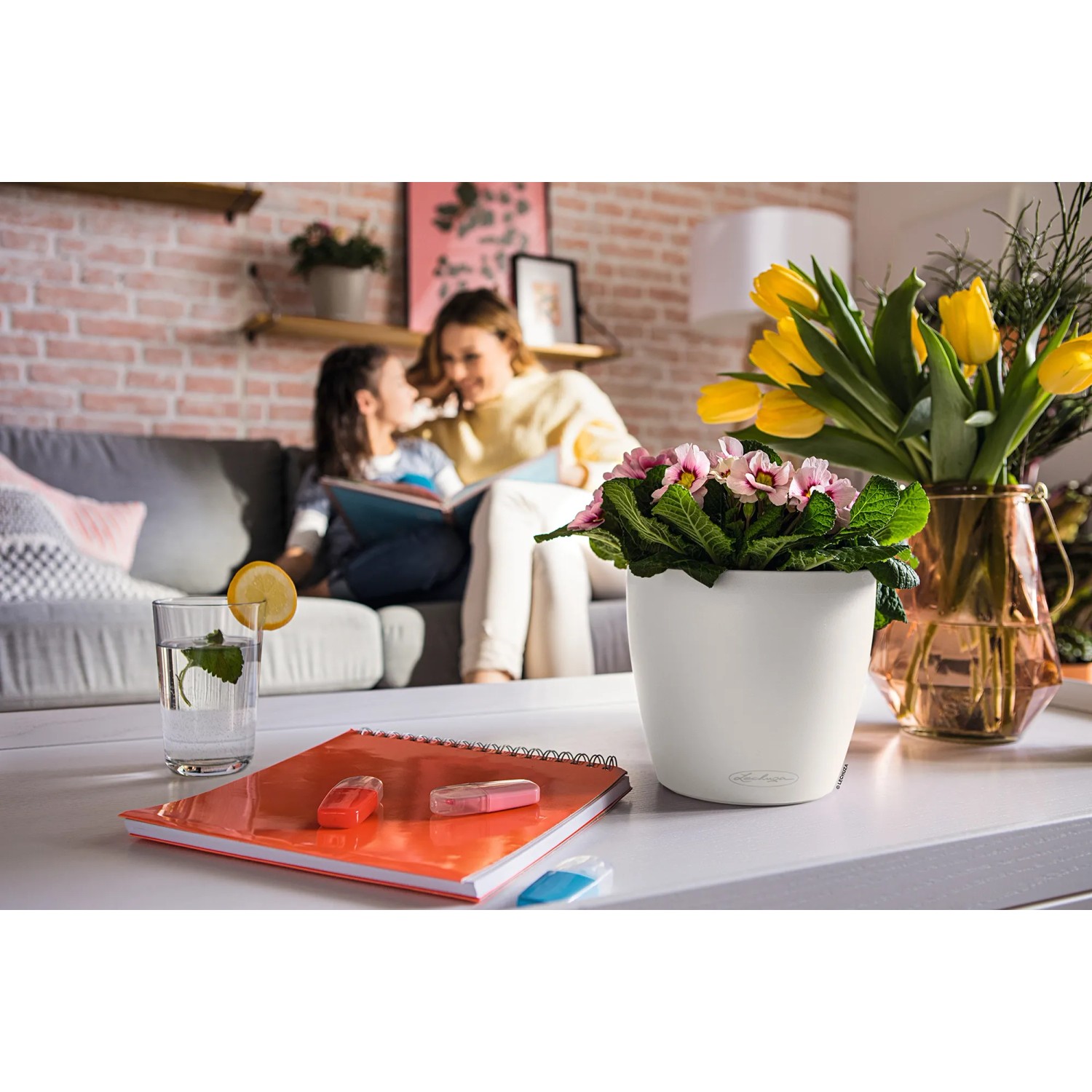 Weißes Lechuza Classico Color 21 Pflanzgefäß mit rosa Blumen auf Tisch im Wohnraum.