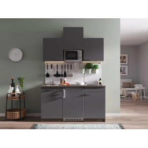 Respekta Küchenzeile KB150EYGMIC, 150 cm, Grau/Eiche York Optik mit Kühlschrank, Mikrowelle und Spüle.