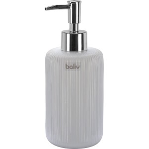 Weißer baliv Seifenspender aus Keramik mit Rillenmuster und silbernem Pumpkopf.